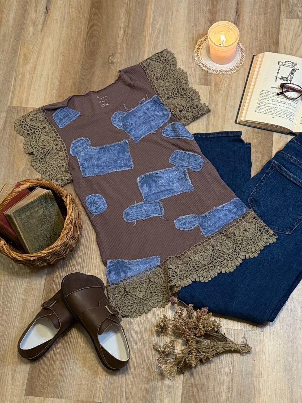Upcycled Brown Patchwork Shirt | Denim Patches & Crochet Lace Top